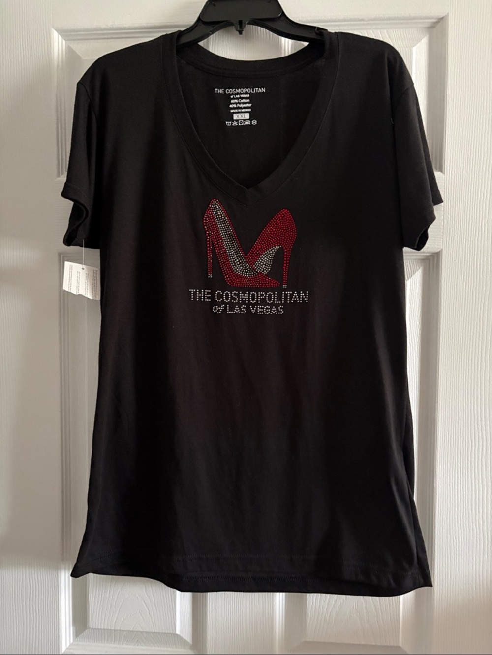 Cosmopolitan Black V-Neck Tee with Red Rhinestone Heels